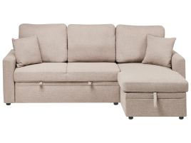 GRIMDON Faux Linen 3 Seater L Shaped Corner Sofabed - Light Brown, Right Hand Facing