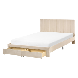 RENZA Double Velvet Bedframe with Storage Drawers - Beige