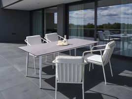 DEVERO Garden Dining Table Travertine Effect - White