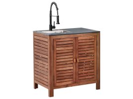 HORNWELL Wooden Outdoor Kitchen Cabinet with Sink - Brown with Black