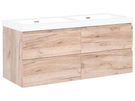 ATHERDON Wall Mounted Double Basin Vanity Unit - Light Brown