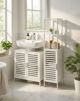BIYUXO Bamboo Wood Bathroom Shelving Cabinet - White