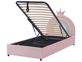 KISSOT Kids Ottoman Bedframe Velvet 90 x 200cm EU Single Bed with Storage Pink