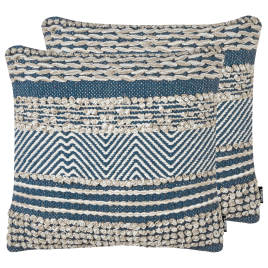 DEWBERRON Cotton Fabric Geometric Pattern Decorative Cushion Set of 2 - Blue