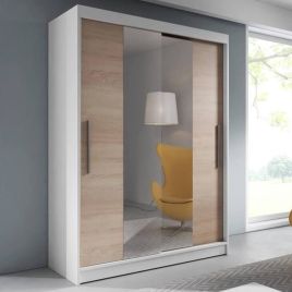 Sinatra Sliding Mirror Door Wardrobe 150cm in White Matt with Sonoma Oak Front