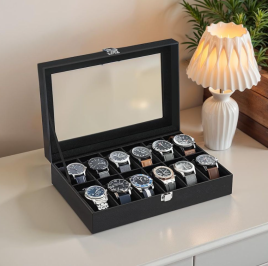 Watch Box - VERRIA 12 Slot Organizer Case with Glass Lid and Removable Pillow - Black