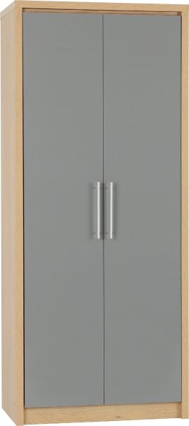 Wardrobe - SELSEY 2 Door Wardrobe Grey High Gloss with Light Oak 76cm