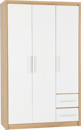 Wardrobe - SELSEY 3 Door Wardrobe White High Gloss with Light Oak 111cm