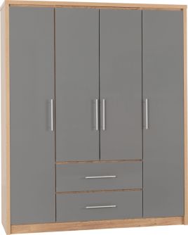 Wardrobe - SELSEY 4 Door Wardrobe Grey High Gloss with Light Oak 148.5cm