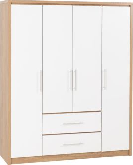 Wardrobe - SELSEY 4 Door Wardrobe White High Gloss with Light Oak 148.5cm