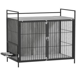 PAWSTER Large Dog Crate Furniture with Rotating Bowl Holder Grey
