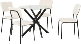Sheldon Round Glass Top Dining Set - Clear Glass Black Ivory Boucle Fabric