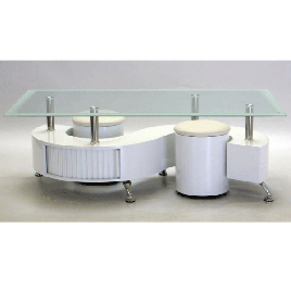 Helston luxurious White High Gloss Coffee Table with Set of 2 Stools and Glass Table Top