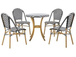 4 Seater Garden Dining Set Black and White PE Rattan Top 70 Table and 4 Stackable Aluminium Frame