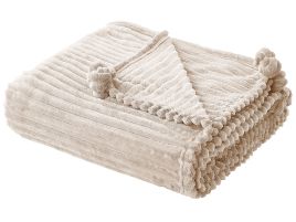Blanket Beige Polyester 150 x 200 cm Ribbed Structure with Pom-Poms Throw Bedding