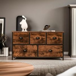 ROVESTA Brown Fabric Chest of Drawers - Medium-sized, Wide, 5 Drawers