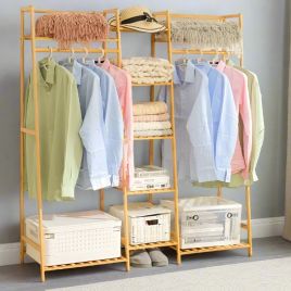 CORTHANE Clothes Rack Heavy Duty Bamboo Rail with Corner Storage Shelves - Natural