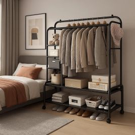 DREVONA Clothes Rail Heavy Duty Double Garment Rack with Wheels and Shelf - Black