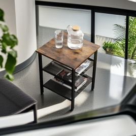 DUVANTI Side Tables Set of 2 Nightstands with Mesh Shelves - Rustic Brown and Black