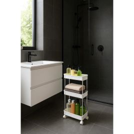 DREVONA Storage Trolley 3-Tier Slim Rolling Utility Cart for Kitchen or Bathroom - White