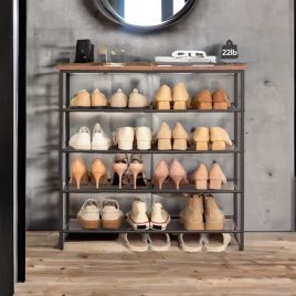 ROVESTA Multi-Layer Shoe Rack with Mesh Shelves - Rustic Brown and Black