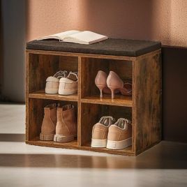 ULVERIS Shoe Storage Bench with Adjustable Shelves and Cushion Seat - Rustic Brown
