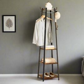 GALVION Coat Rack Stand with Hooks and 3-Tier Storage Shelves - Black and Rustic Brown