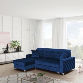 Corner Sofabed - STANLEY Velvet Fabric 3 Seater L Shaped Left Hand Facing Sofa - Blue