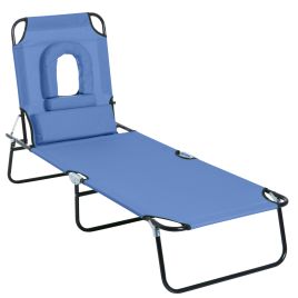 Sun Lounger Foldable Reclining Chair with Pillow and Reading Hole Garden Beach Outdoor Recliner Adjustable Blue