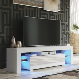 Modern TV Unit Cabinet Stand with Gloss Doors Free LED and Ample Storage 160cm - White