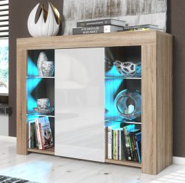 Modern Sideboard Display Cabinet and TV Stand with Storage and Free LED Lighting 97.5cm - Oak and White