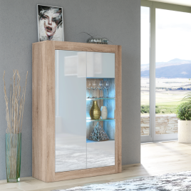 Modern Sideboard Cabinet with High Gloss Doors and Free LED 140cm - Oak and White