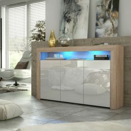 TV Unit Sideboard Cabinet with 3 Doors Storage and Free LED Lighting 155cm - Oak and White