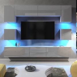 Modern Living Room Set with Cupboard TV Unit Cabinet and Wall Storage with LED Lighting - White and Grey