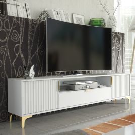 ZAMBA Modern TV Unit Cabinet Elegant Fluted Doors And Gold Accents 120cm - White