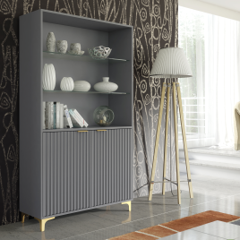 LUKMAN Modern Display Cabinet Matt Body with Gold Handles And Glass Shelves  170cm - Grey