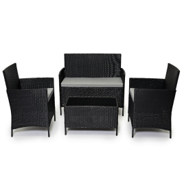 4 Piece Sofa Table with Chairs Rattan Garden Wicker Set - Black