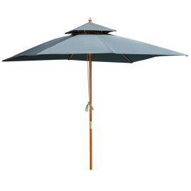 3x3M Wood Square Patio Umbrella Garden Market Parasol Sunshade Canopy with 2 Pulley Pagoda Style Dark Grey