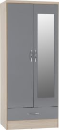 NEWBIGGIN 2 Door Mirrored Wardrobe with 1 Drawer Grey Gloss with Light Oak - 78cm