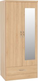 NEWBIGGIN 2 Door Mirrored Wardrobe with 1 Drawer Medium Oak - 78cm