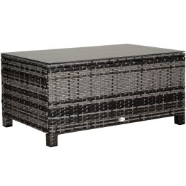Rattan Coffee Table Garden Furniture Patio Wicker Side Table with Tempered Glass Table Top, Mixed Grey