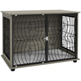 Shelley 37 Inch Indoor Dog Crate End Table with Washable Cushion for Large Dogs - Grey