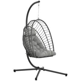 Outdoor PE Rattan Swing Chair with Thick Padded Cushion, Foldable Basket Patio Hanging Chair with Metal Stand, Headrest