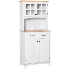 Freestanding Kitchen Cupboard, Kitchen Storage Cabinet with Framed Glass Doors, 2 Drawers, Microwave Counter, White