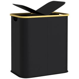 HERON Double Laundry Basket With Lid, 80L Collapsible Laundry Hamper with Groove Handles, Washing Basket for Bathroom, Bedroom, Laundry Room, Black