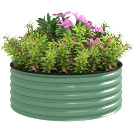 SUNVISTA Galvanised Raised Garden Bed with Safety Edging, Outdoor Raised Planter Box with Gloves, 120 x 120 x 43cm, Light Green
