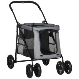 One Click Foldable Pet Stroller Dog Cat Travel Pushchair with EVA Wheels Storage Bags Mesh Windows Safety Leash Cushion for Small Pets Grey
