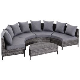 Rattan Garden Furniture 4 Seaters Half-round Patio Outdoor Sofa & Table Set Wicker Weave Conservatory Cushioned Seat with Pillow - Grey