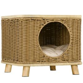 Shelley Elevated Wicker Cat House with Washable Cushion - Light Brown