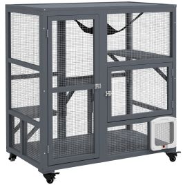 Cat Furniture - Wooden Outdoor Cat Enclosure with Wheels Grey 100cm